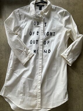 Forever 21 White Button-Down Longline Shirt with Black Text Print